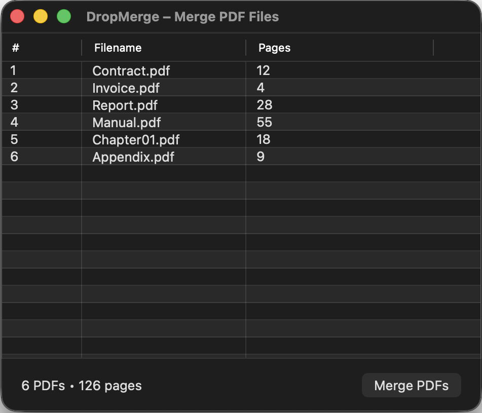 DropMerge showing PDFs ready to be merged
